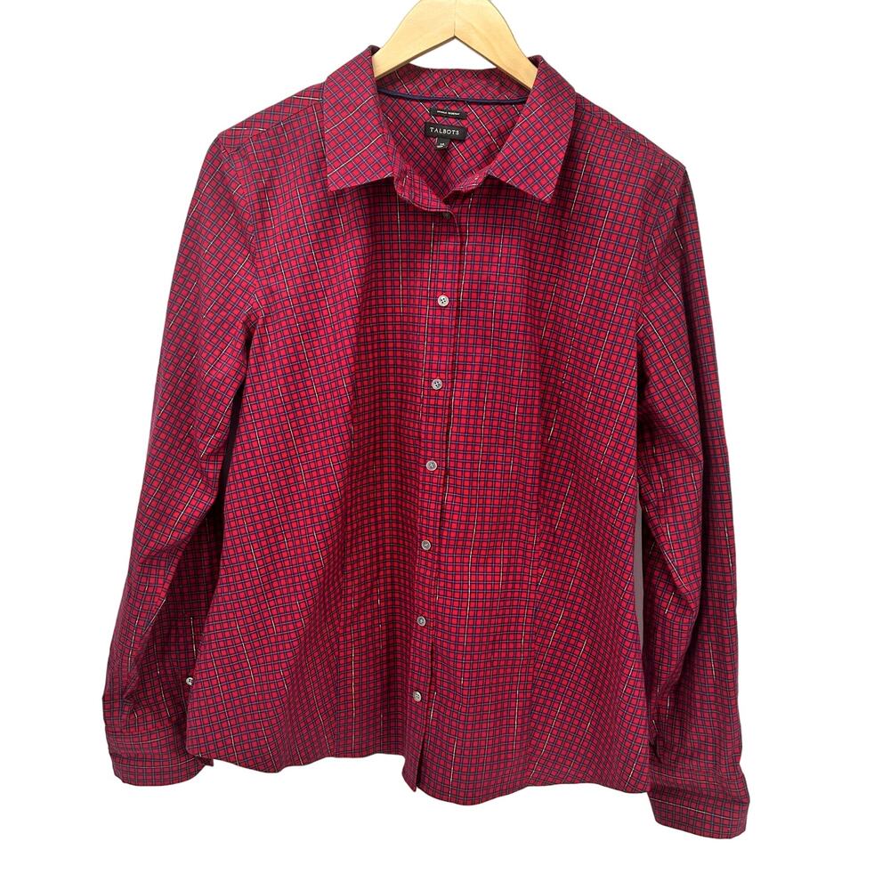 Talbots Blouse Womens 14 Red Blue Plaid Button Up Wrinkle Resistant Metallic